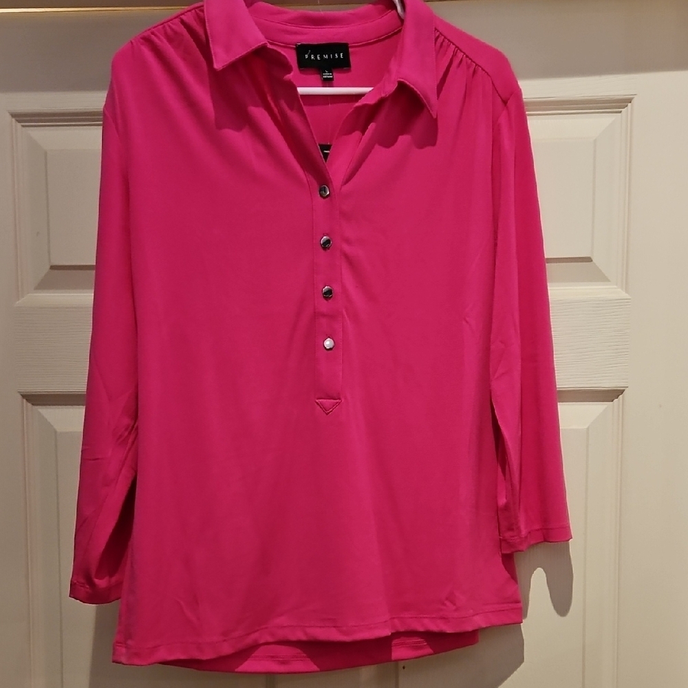 Premise Women's Hot Pink 3/4 Sleeve Button Up Top